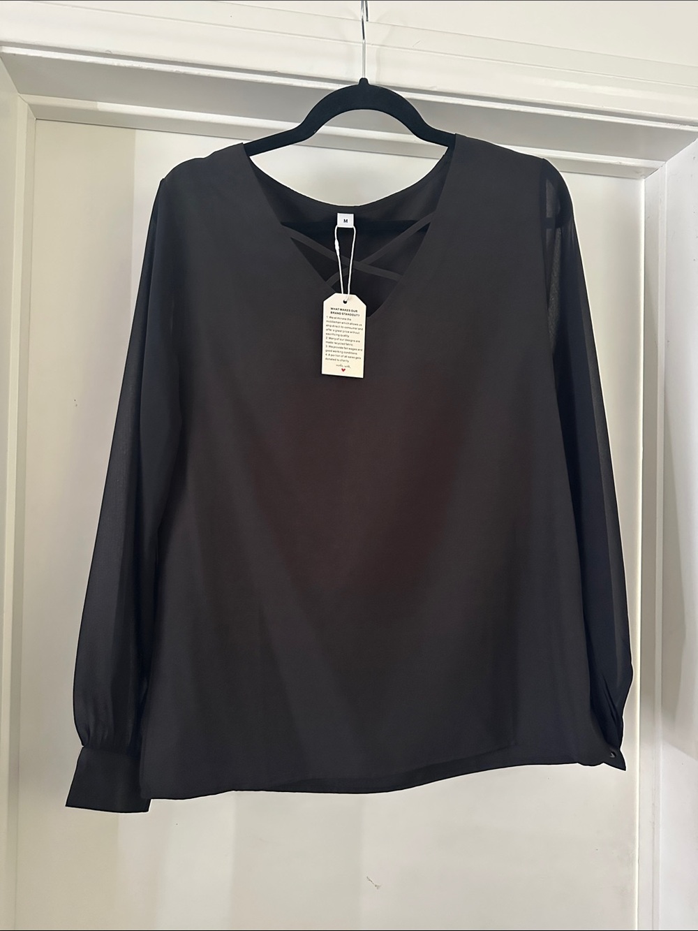 Womens Black Long-Sleeve V-Neck Blouse with Crisscross Detail